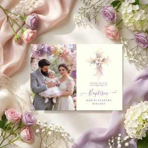 Tarjeta De Agradecimiento Artistic Lilac Floral Christian Cross Baptism