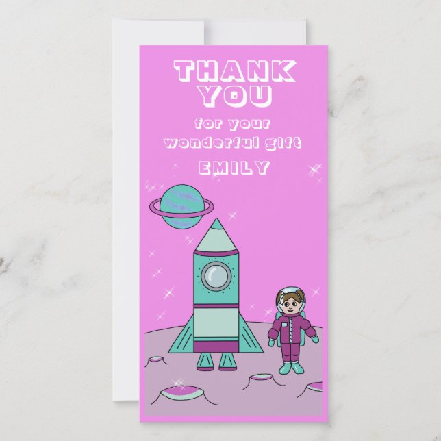 Tarjeta De Agradecimiento Astronauta Chica espacial Rocket Pink Birthday (Anverso)