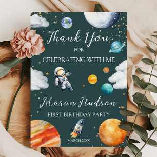 Tarjeta De Agradecimiento Astronauta del Espacio Teal en su Primer Cumpleaño