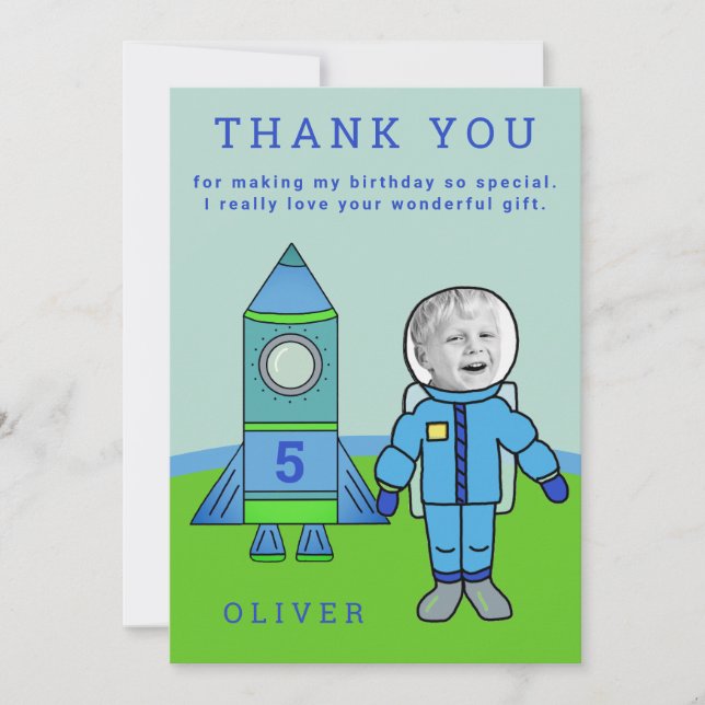Tarjeta De Agradecimiento Astronauta lindo cohetes cumpleaños tu foto (Anverso)