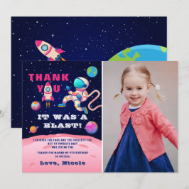Tarjeta De Agradecimiento Astronauta rosa foto de cumpleaños en el espacio e