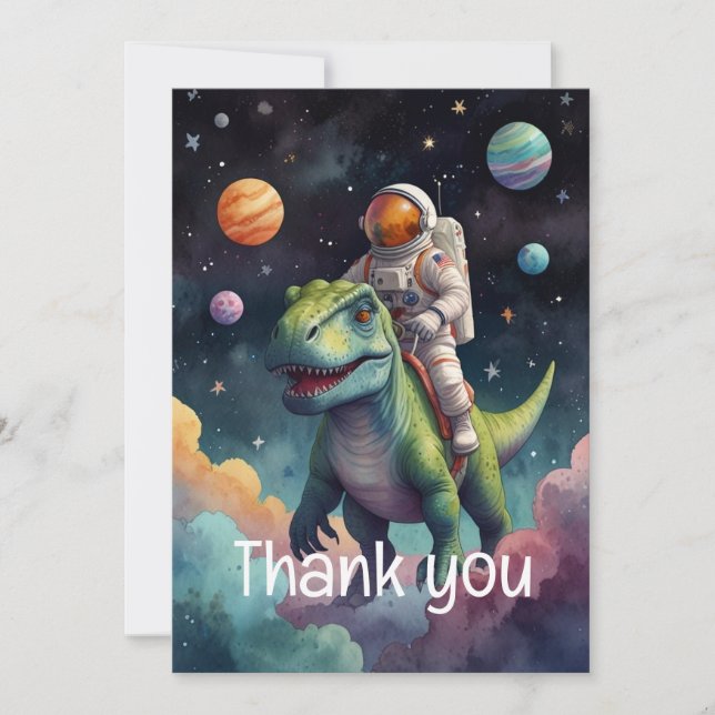Tarjeta De Agradecimiento Astronauta sobre Dino en el espacio (Anverso)