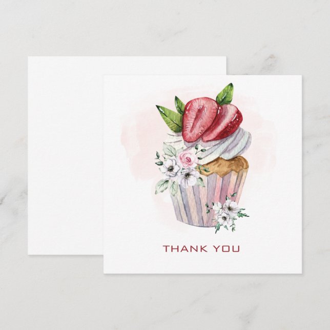 Tarjeta De Agradecimiento Atarta cuajada de acuarela, fresa, gracias florale (Anverso / Reverso)