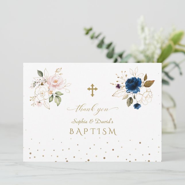 Tarjeta De Agradecimiento Atractivo bautizo bautizo bautizo con flores azule (Anverso de pie)