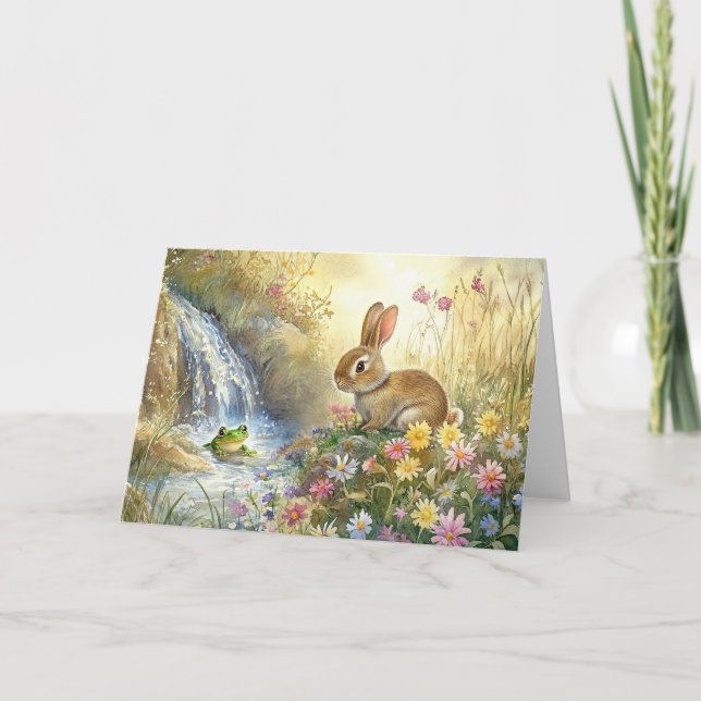 Tarjeta De Agradecimiento Atractivo estilo acuarela de conejo y rana (Anverso)