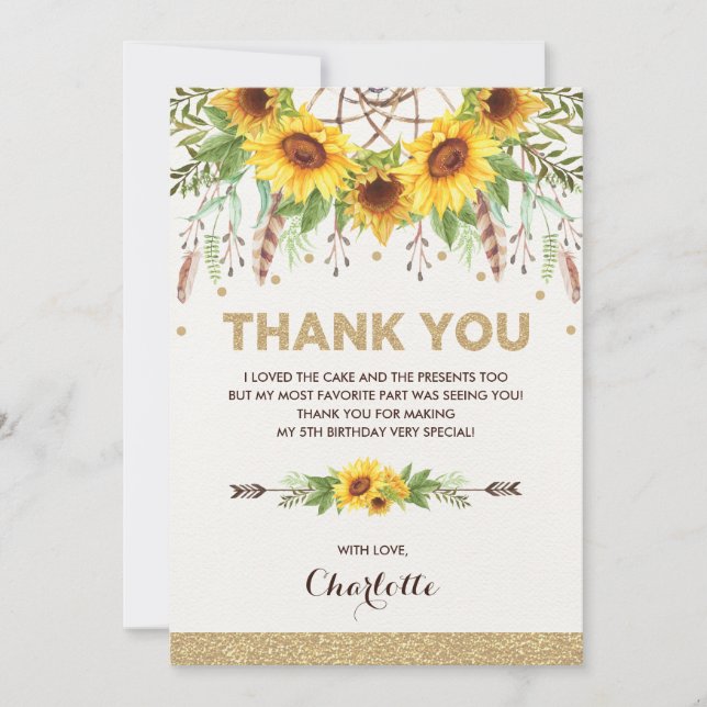 Tarjeta De Agradecimiento Atrapa Sueños de Acuarela Cumpleaños Boho Girasole (Anverso)
