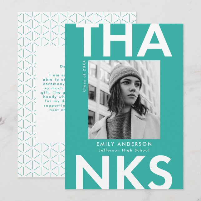 Tarjeta De Agradecimiento Audaz Graduación Grad Turquoise Photo (Anverso / Reverso)
