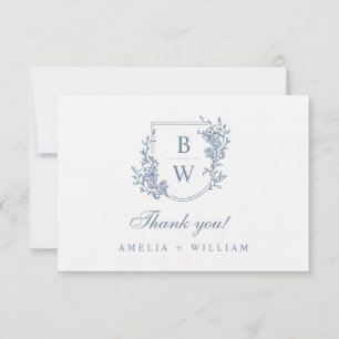 Tarjeta De Agradecimiento [AURORA] Escudo azul turbio cosecha Boda monograma