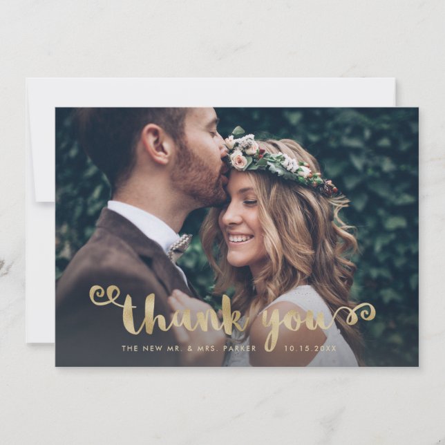 Tarjeta De Agradecimiento Auténticas gracias | Foto boda y guión dorado (Anverso)