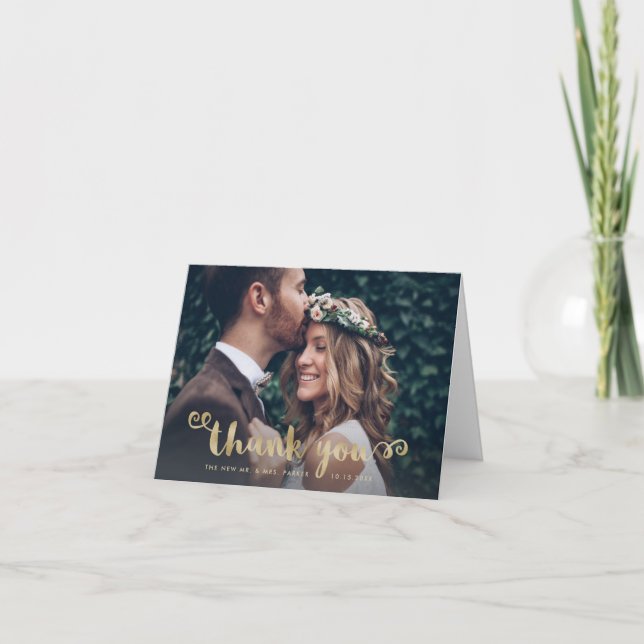 Tarjeta De Agradecimiento Auténticas gracias | Foto boda y guión dorado (Anverso)