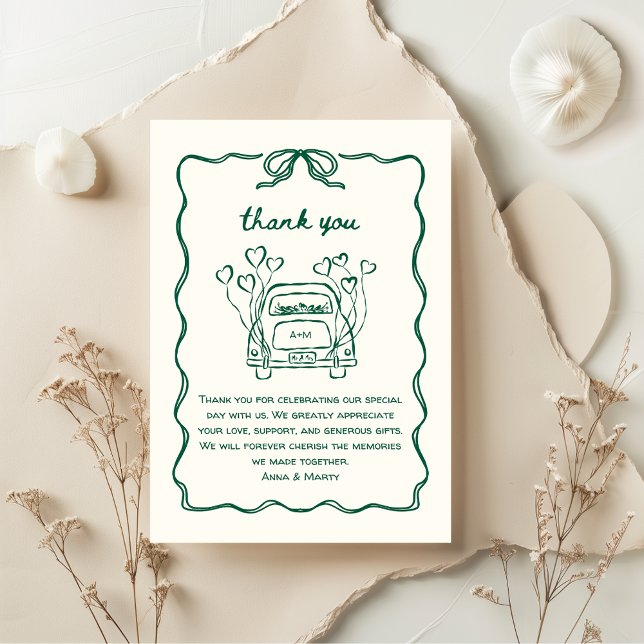 Tarjeta De Agradecimiento Auto Boda exclusivo de arco verde retro dibujado a (Green Hand-Drawn Wedding Thank you Car with Hand illustrated wedding send off - retro, vintage cute)