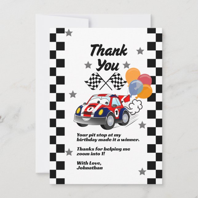 Tarjeta De Agradecimiento Auto rápido de primer cumpleaños de un niño gracia (Anverso)