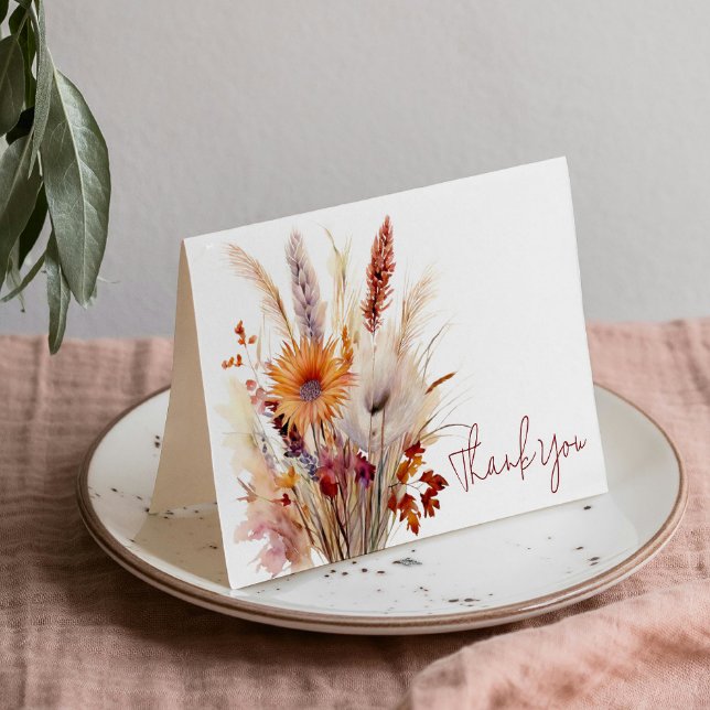 Tarjeta De Agradecimiento Autumn Boho Floral Boda | Blanco (Autumn Boho Floral White Wedding Thank You Card)