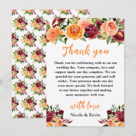 Tarjeta De Agradecimiento Autumn Burgundy and Orange Floral Wedding
