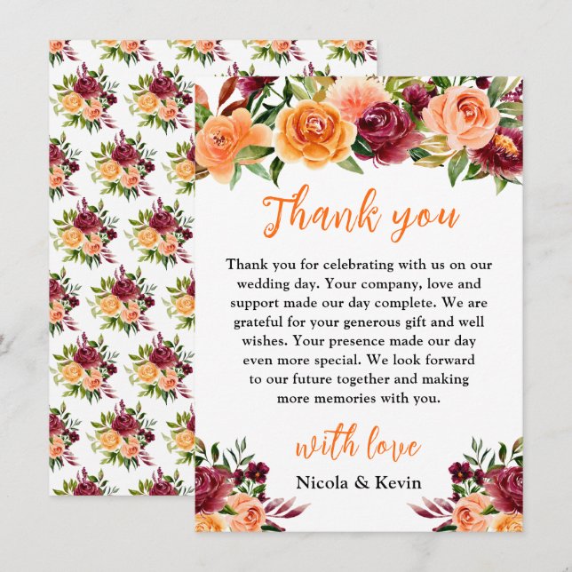 Tarjeta De Agradecimiento Autumn Burgundy and Orange Floral Wedding (Anverso / Reverso)
