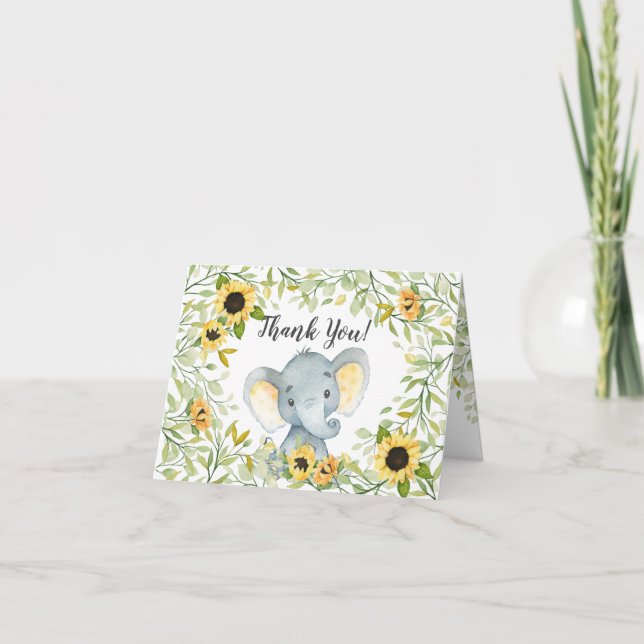 Tarjeta De Agradecimiento Autumn Sunflowers Elephant Baby Shower (Anverso)