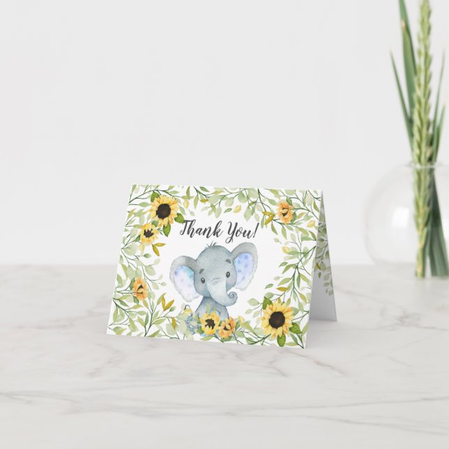 Tarjeta De Agradecimiento Autumn Sunflowers Elephant Boys Baby Shower (Anverso)