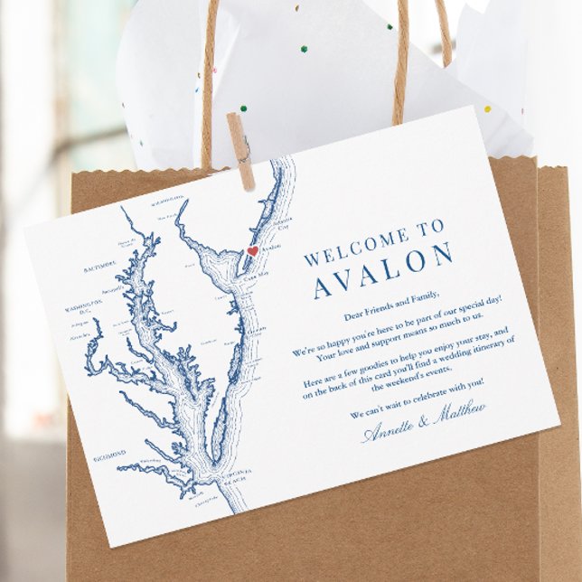 Tarjeta De Agradecimiento Avalon NJ Boda Weekend Eventos Bienvenidos a Itine (Welcome To Avalon New Jersey Wedding Itinerary and Weekend Events Letter in elegant navy blue)