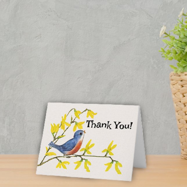 Tarjeta De Agradecimiento Ave azul dulce en las flores de rama (Sweet red and blue bird on branch with bright yellow flowers on white Thank You card.)