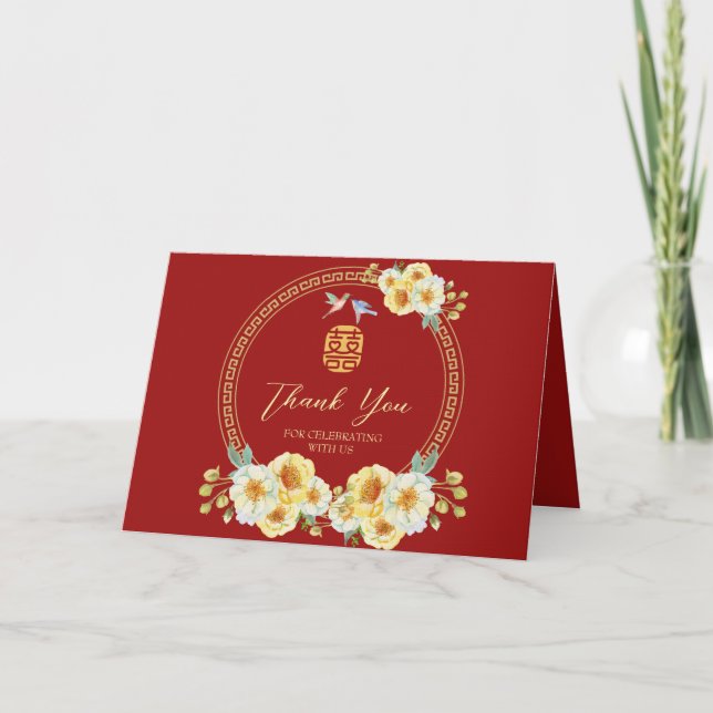 Tarjeta De Agradecimiento Ave floral roja de marco boda chino (Anverso)