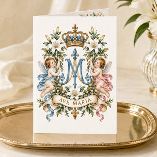 Tarjeta De Agradecimiento Ave Maria Católica Vintage Monograma de Ángeles
