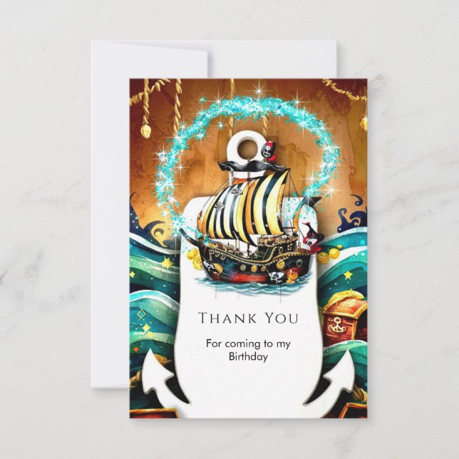 Tarjeta De Agradecimiento Aventura de Barco Pastel de Cumpleaños Pirata para (Anverso)