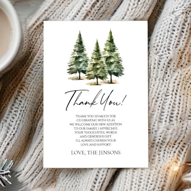 Tarjeta De Agradecimiento ¡Aventura espera! Baby Shower de Winter Pine Trees (Subido por el creador)