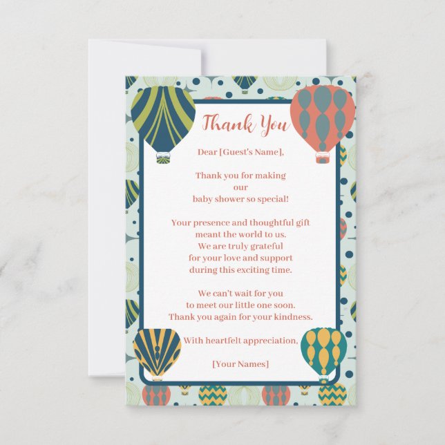 Tarjeta De Agradecimiento Aventura espera la Baby Shower de Hot Air Balloon  (Anverso)