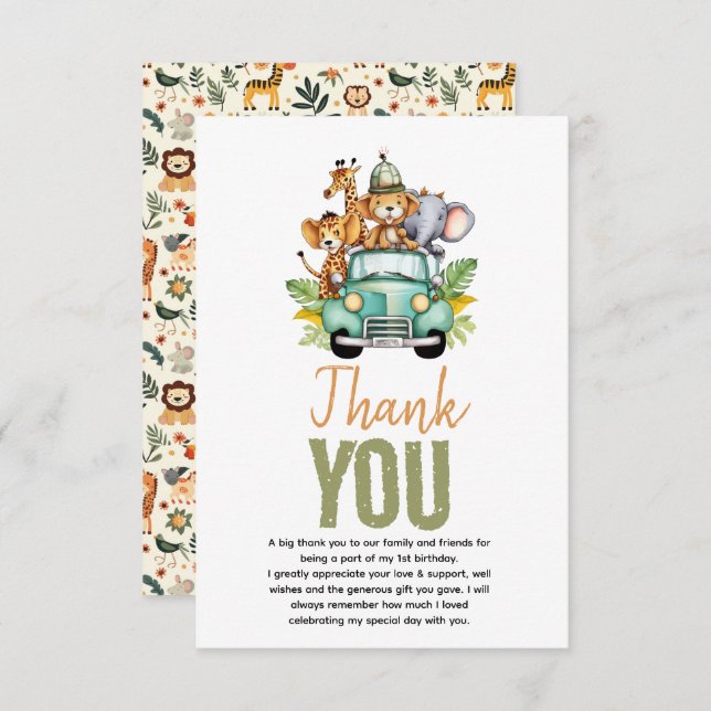 Tarjeta De Agradecimiento Aventura salvaje de una jungla 1er cumpleaños (Anverso / Reverso)