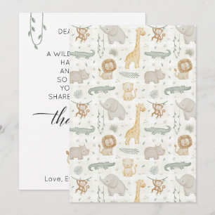 Tarjeta De Agradecimiento Aventura Salvaje Safari Animales Baby Shower Verde