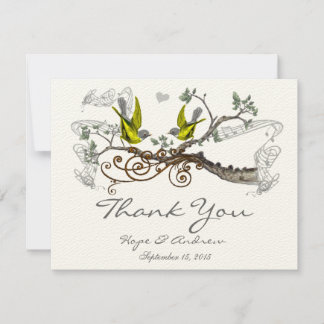 Tarjeta De Agradecimiento Aves Amadas Amarillas y Gris Vintage Gracias