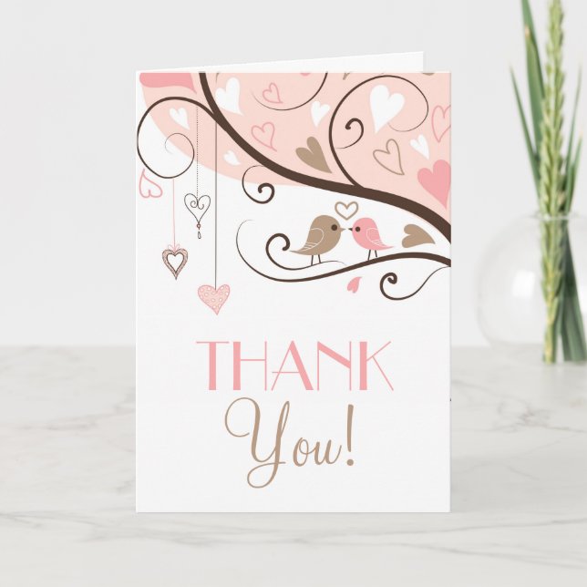 Tarjeta De Agradecimiento Aves amorosas rosas y marrones Boda Gracias Tarjet (Anverso)