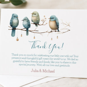 Tarjeta De Agradecimiento Aves Caprichosas en Ramas Baby Shower Pastel