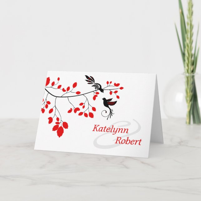 Tarjeta De Agradecimiento Aves rojas y negras en una sucursal elegante (Anverso)