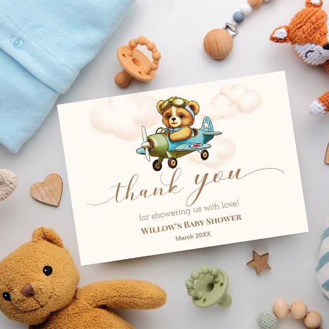 Tarjeta De Agradecimiento Avión caprichoso Teddy Bear Ducha bebé (Whimsical Airplane Teddy Bear Baby shower Thank You Card)