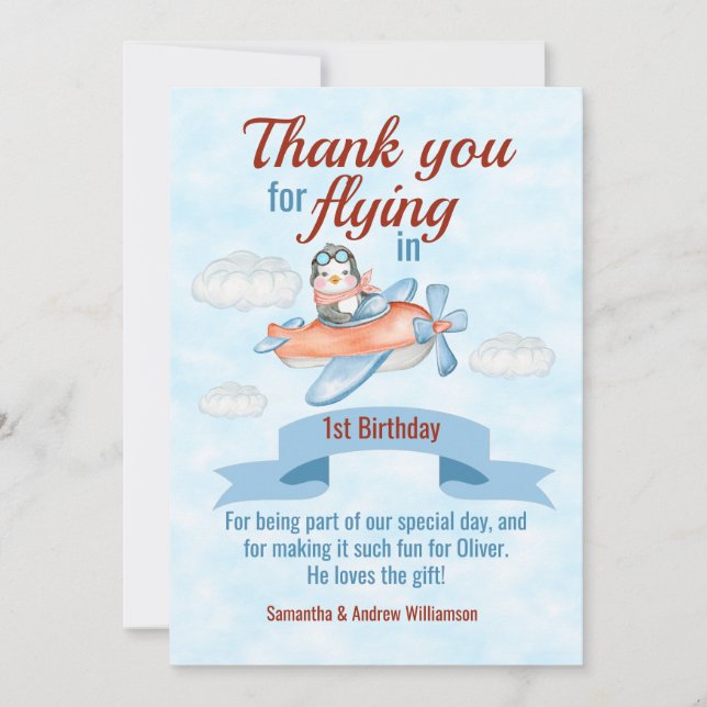 Tarjeta De Agradecimiento Avión de Pingüino Azul Primer Cumpleaños (Anverso)