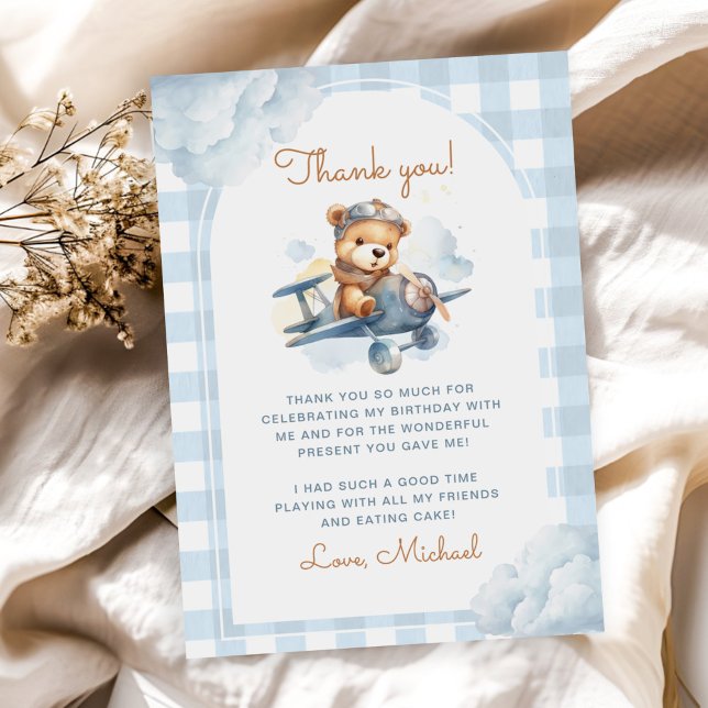 Tarjeta De Agradecimiento Avión Teddy Bear Blue Primer cumpleaños (Subido por el creador)