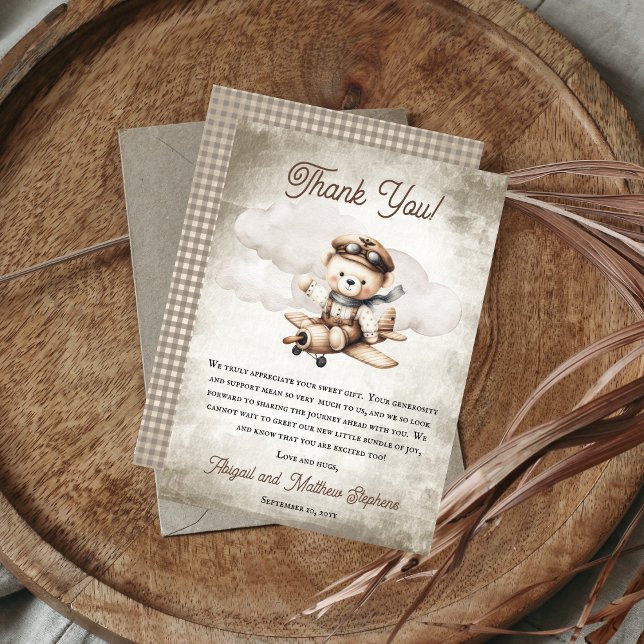 Tarjeta De Agradecimiento Avión Teddy Bear entrega especial Baby Shower (Cute Teddy Bear | Airplane Baby Shower Thank You Card)
