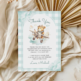 Tarjeta De Agradecimiento Avión Teddy Bear Pastel Gingham Primer Cumpleaños
