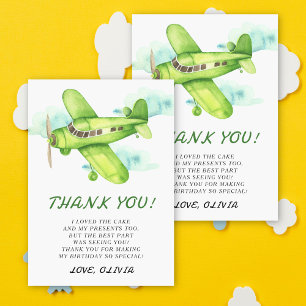 Tarjeta De Agradecimiento Avión verde acuarela Cumpleaños gracias