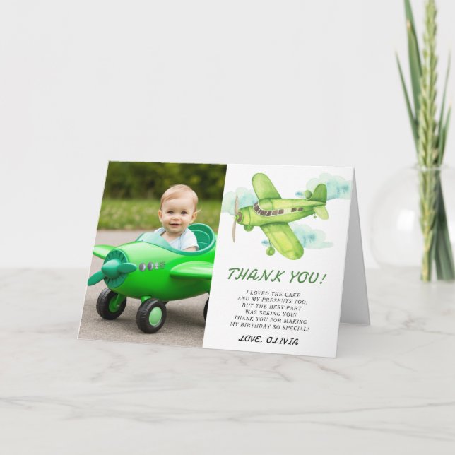 Tarjeta De Agradecimiento Avión verde acuarela Cumpleaños gracias (Anverso)