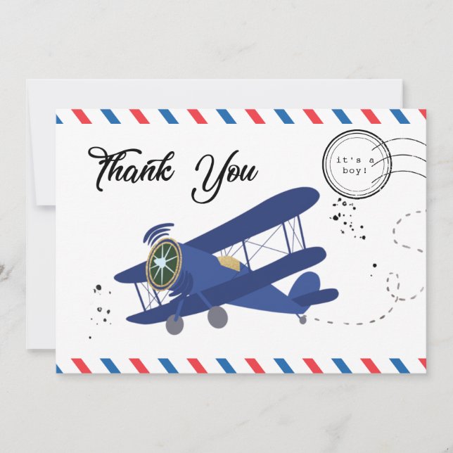 Tarjeta De Agradecimiento Avión viejo: Baby Shower azul gracias (Anverso)