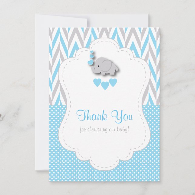 Tarjeta De Agradecimiento Azul Bebé, Elefante Gris Blanco Gracias (Anverso)