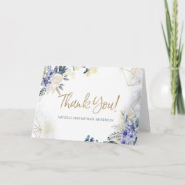 Tarjeta De Agradecimiento Azul Blanco Oro Acuarela Floral Gracias