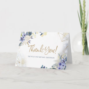 Tarjeta De Agradecimiento Azul Blanco Oro Acuarela Floral Gracias