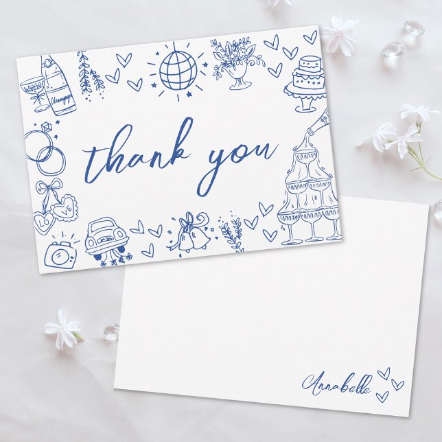 Tarjeta De Agradecimiento Azul Caprichoso Dibujado a Mano (Hand Drawn Blue Whimsical Thank You Card)