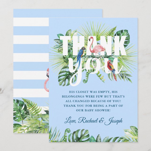 Tarjeta De Agradecimiento Azul claro hojas tropicales Flamingo Baby Shower (Anverso / Reverso)