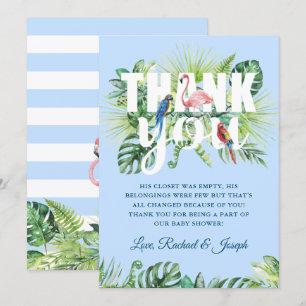 Tarjeta De Agradecimiento Azul claro hojas tropicales Flamingo Baby Shower