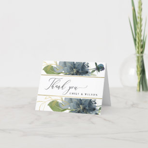 TARJETA DE AGRADECIMIENTO AZUL CREPÚSCULO ORO VERDE FLORAL ACUARELA BODA