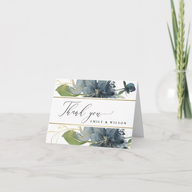 TARJETA DE AGRADECIMIENTO AZUL CREPÚSCULO ORO VERDE FLORAL ACUARELA BODA (Anverso)
